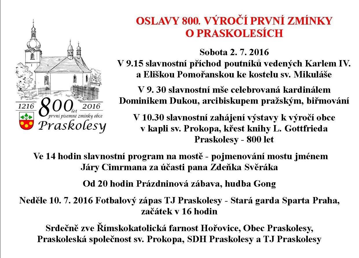 Pozvanka 800 let obce Praskolesy 020716